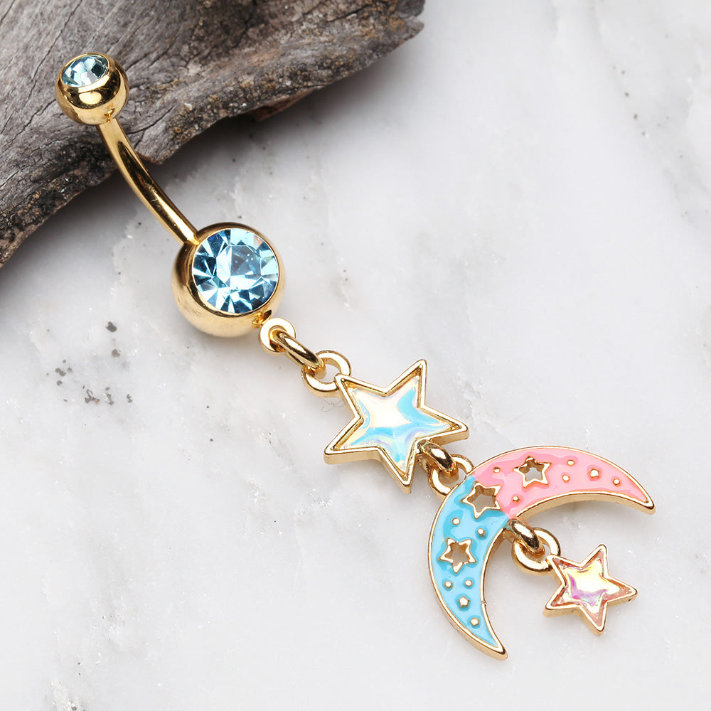 Detail View 2 of Golden Pastel Princess Stars and Moon Belly Button Ring-Aqua