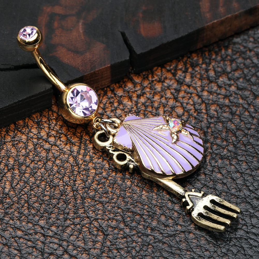 Detail View 2 of Golden Ariel's Shell with Dinglehopper Fork Belly Button Ring-Violet
