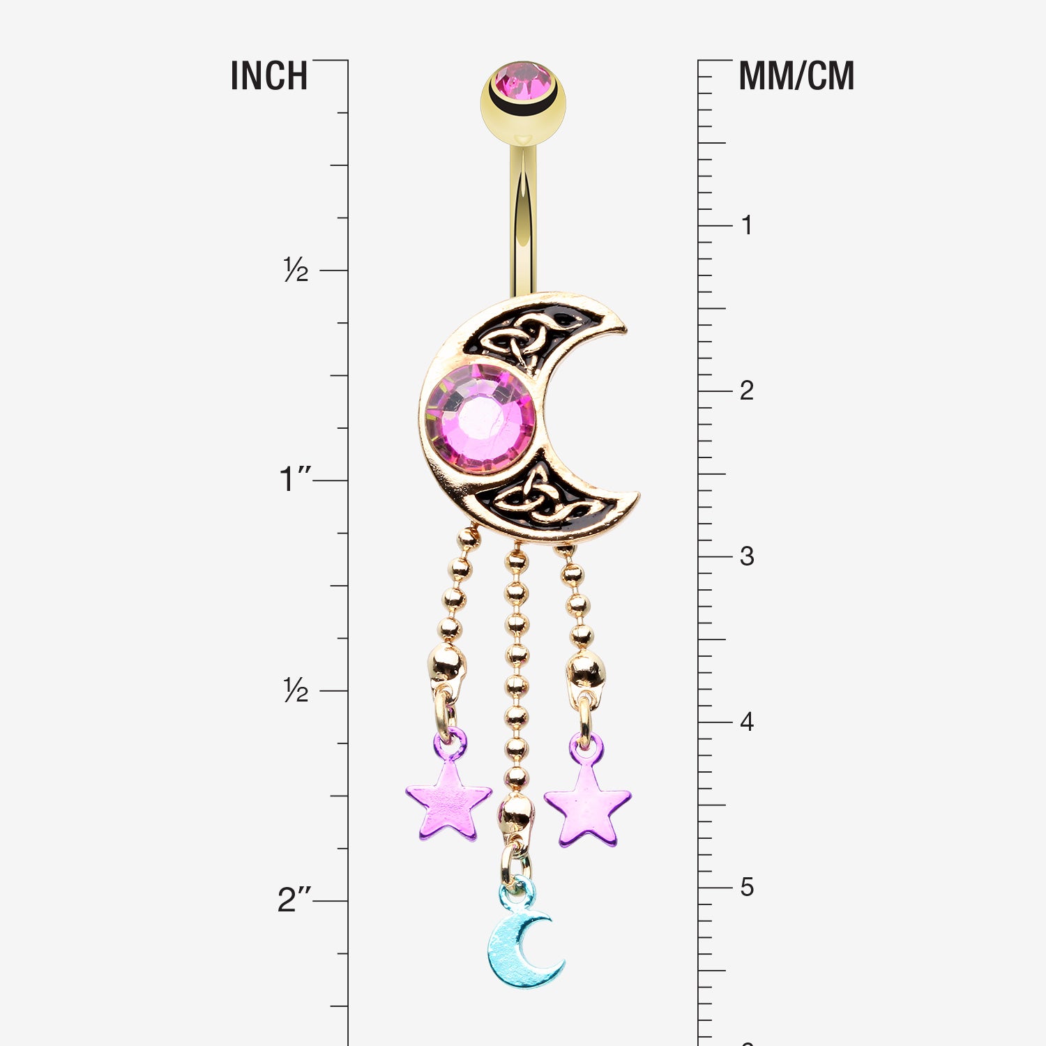 Detail View 1 of Golden Sparkle Celtic Crescent Moon Star Dangles Belly Button Ring-Fuchsia