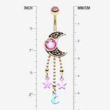 Detail View 1 of Golden Sparkle Celtic Crescent Moon Star Dangles Belly Button Ring-Fuchsia