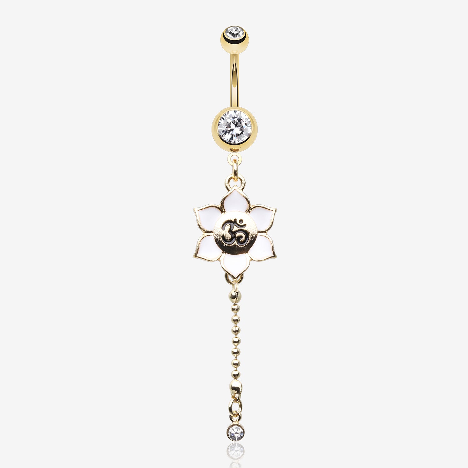 Golden Divine Lotus Om Dangle Belly Button Ring-Clear Gem