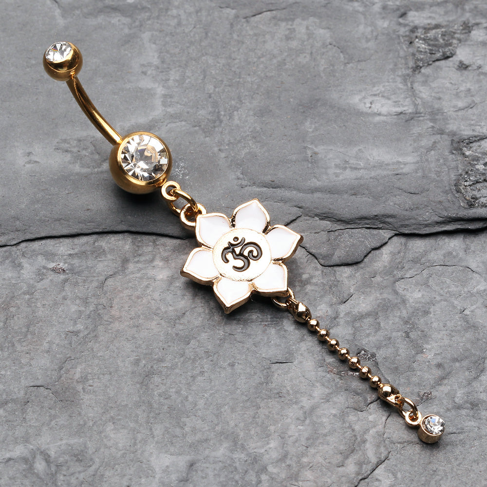 Detail View 2 of Golden Divine Lotus Om Dangle Belly Button Ring-Clear Gem