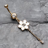 Detail View 2 of Golden Divine Lotus Om Dangle Belly Button Ring-Clear Gem