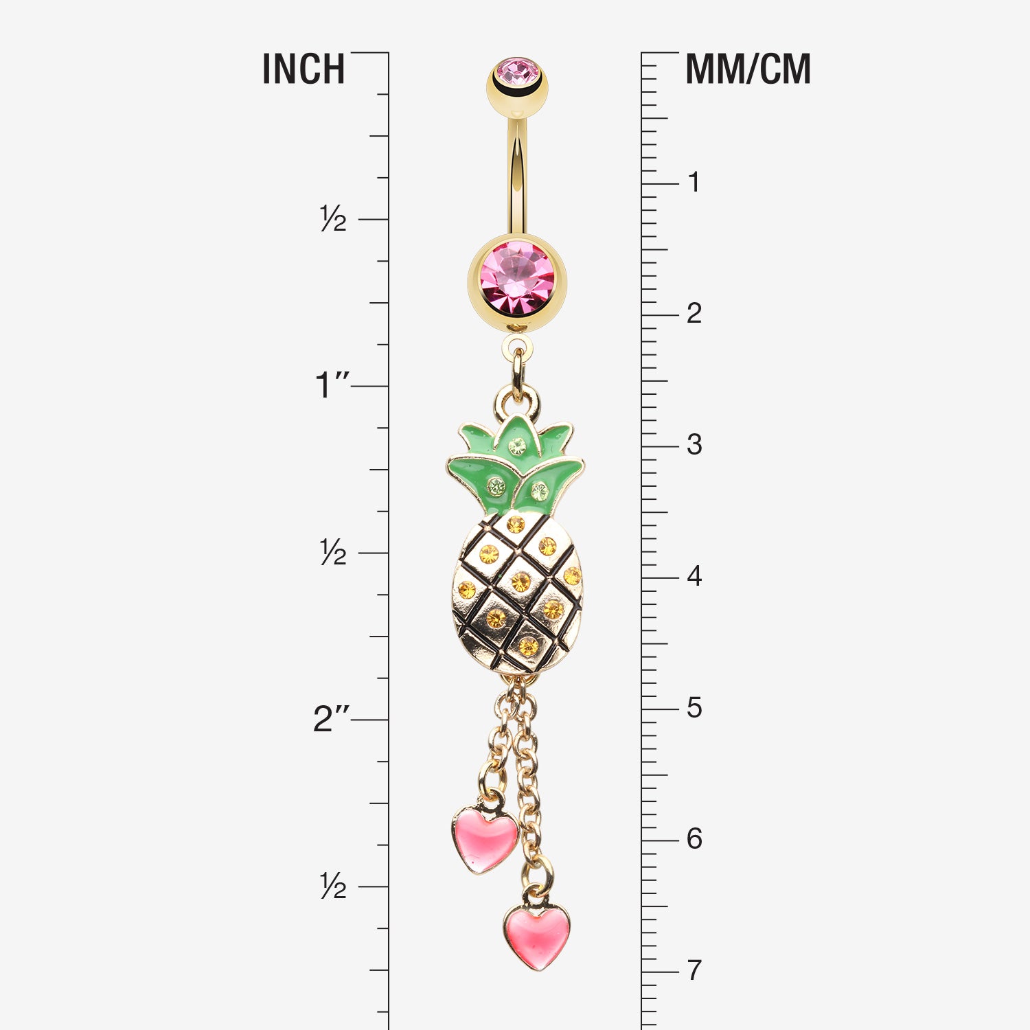 Detail View 1 of Golden Sparkle Pineapple Hearts Dangle Belly Button Ring-Pink