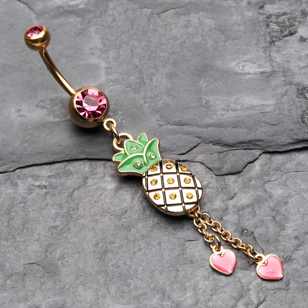 Detail View 2 of Golden Sparkle Pineapple Hearts Dangle Belly Button Ring-Pink