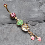 Detail View 2 of Golden Sparkle Pineapple Hearts Dangle Belly Button Ring-Pink