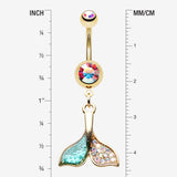 Detail View 1 of Golden Mystic Sparkle Dolphin Tail Belly Button Ring-Aurora Borealis