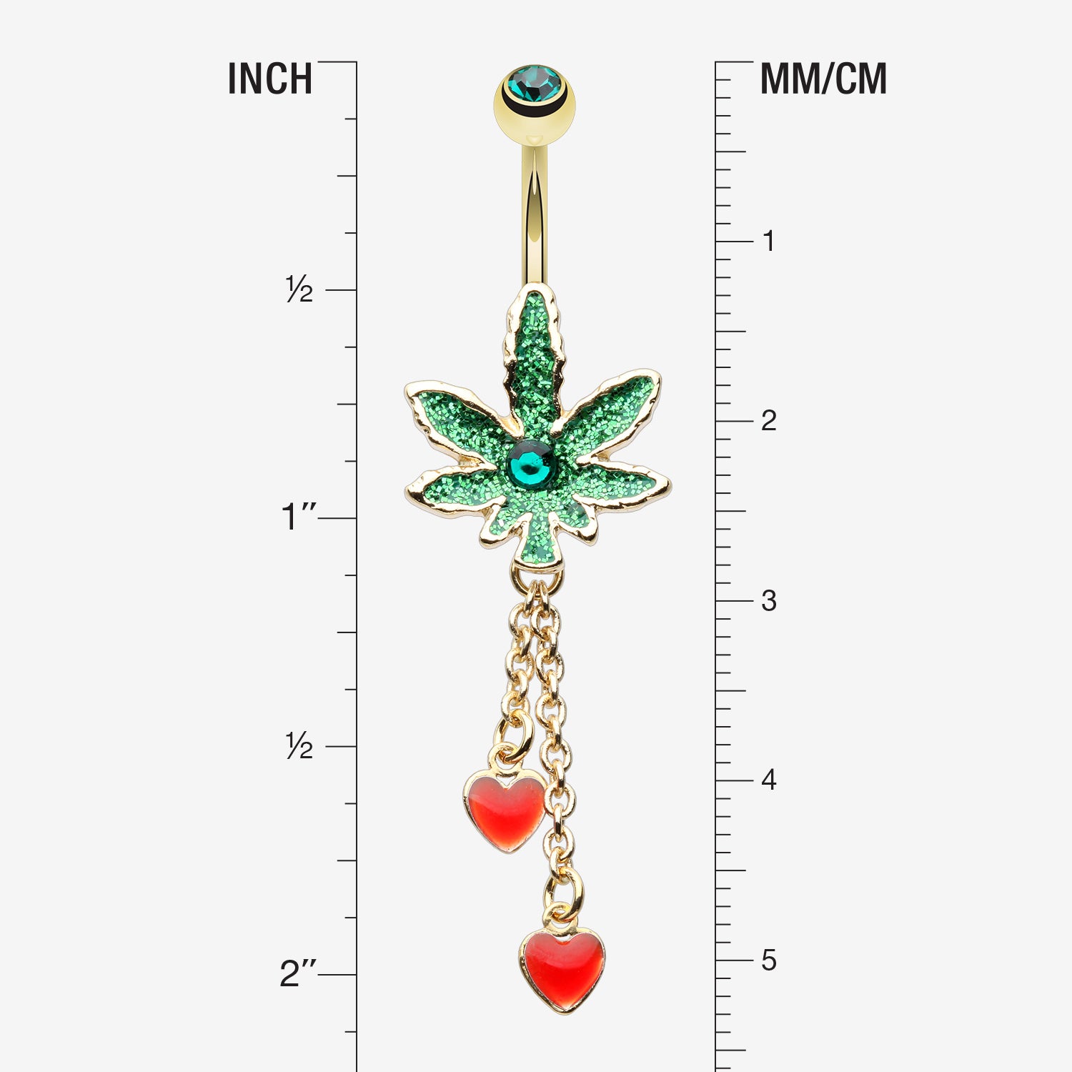 Detail View 1 of Golden Sparkle Cannabis Pot Leaf Hearts Belly Button Ring-Green
