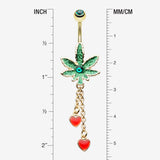 Detail View 1 of Golden Sparkle Cannabis Pot Leaf Hearts Belly Button Ring-Green