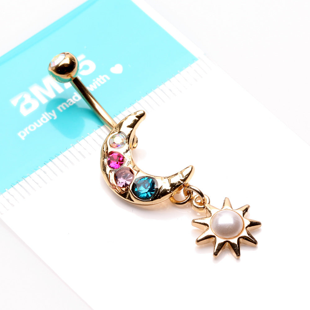 Detail View 3 of Golden Aurora Crescent Moon Sparkle Pearlescent Sun Belly Button Ring-Aurora Borealis