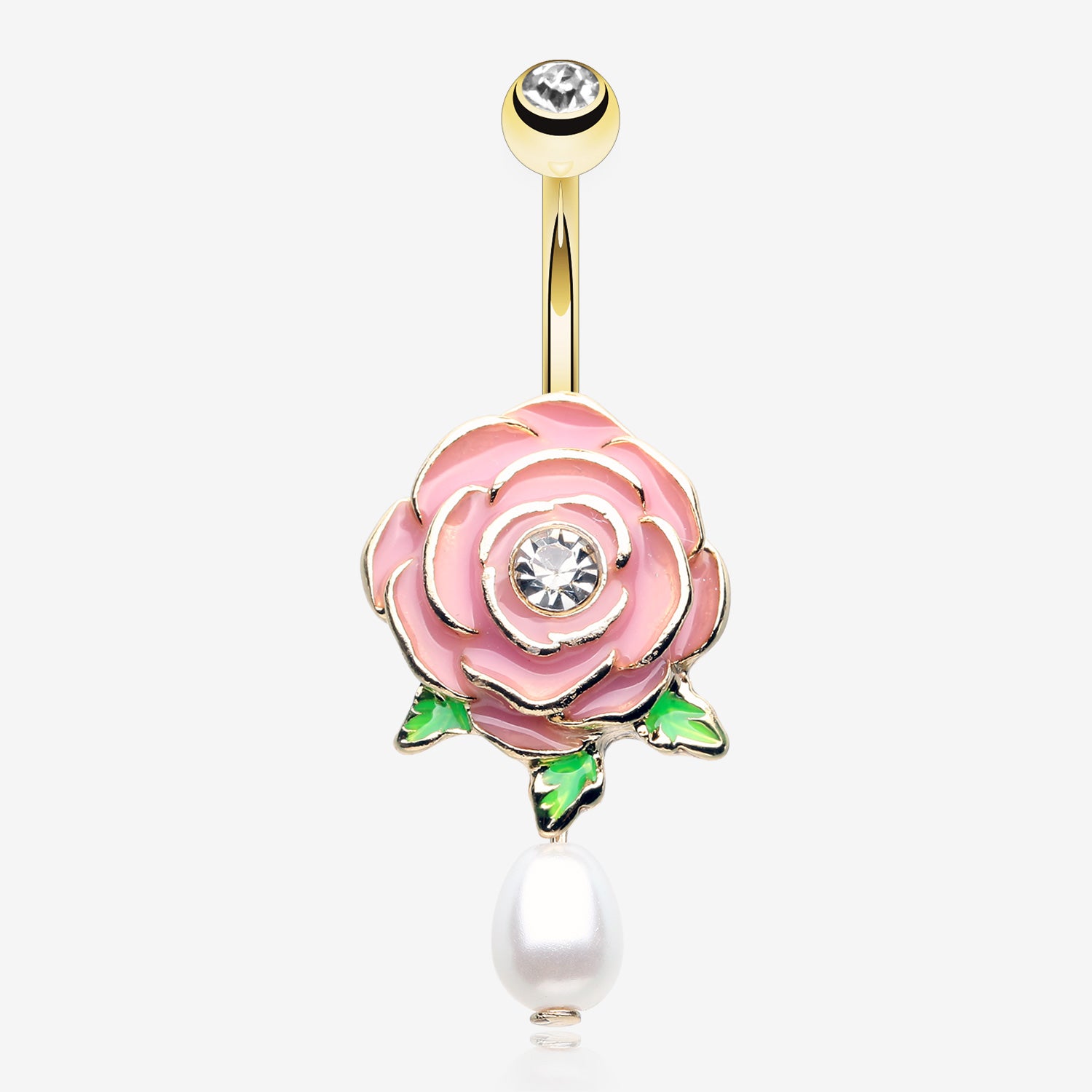 Golden Pink Full Blossom Rose Pearlescent Belly Button Ring-Clear Gem
