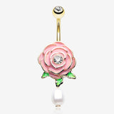 Golden Pink Full Blossom Rose Pearlescent Belly Button Ring-Clear Gem
