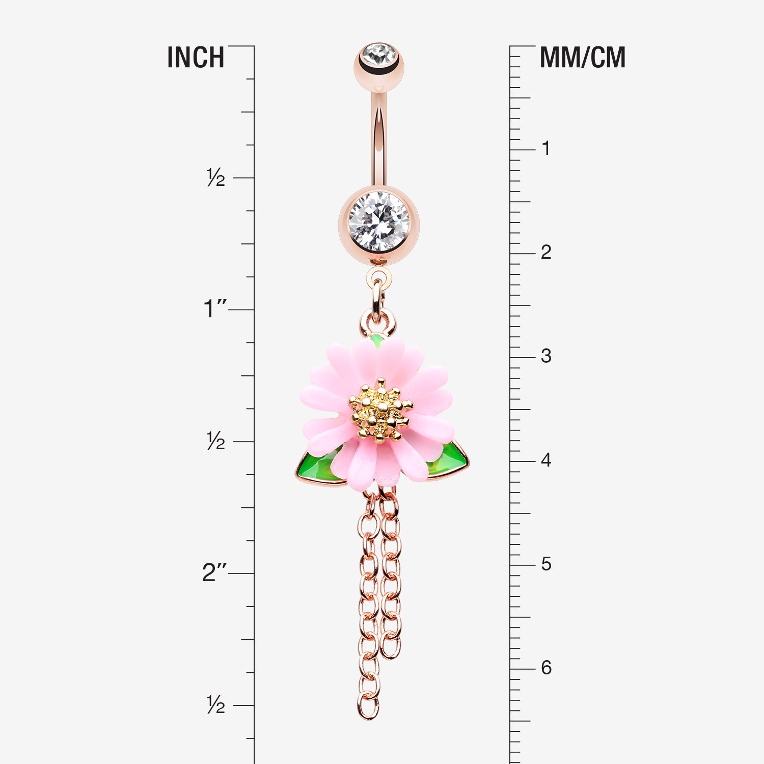 Detail View 1 of Golden Adorable Pink Daisy Sparkle Belly Button Ring-Clear Gem