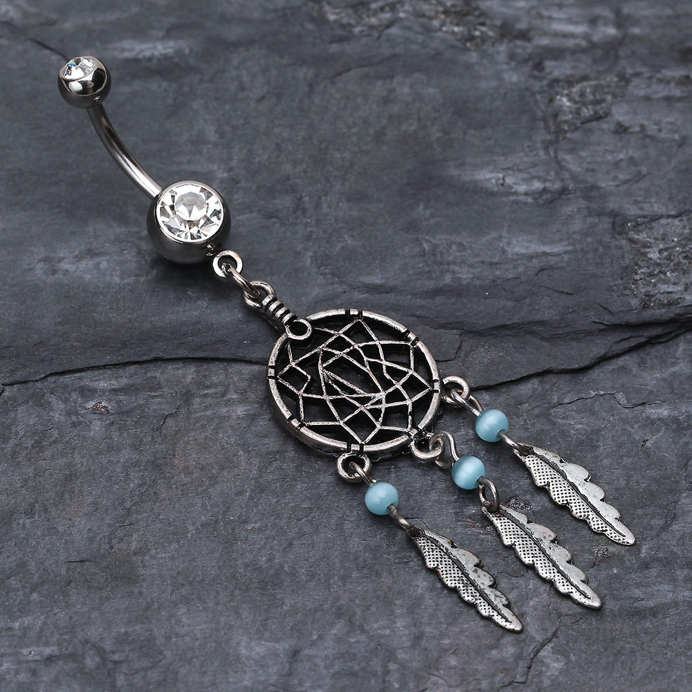 Detail View 2 of Classic Pewter Dream Catcher Belly Ring-Clear Gem
