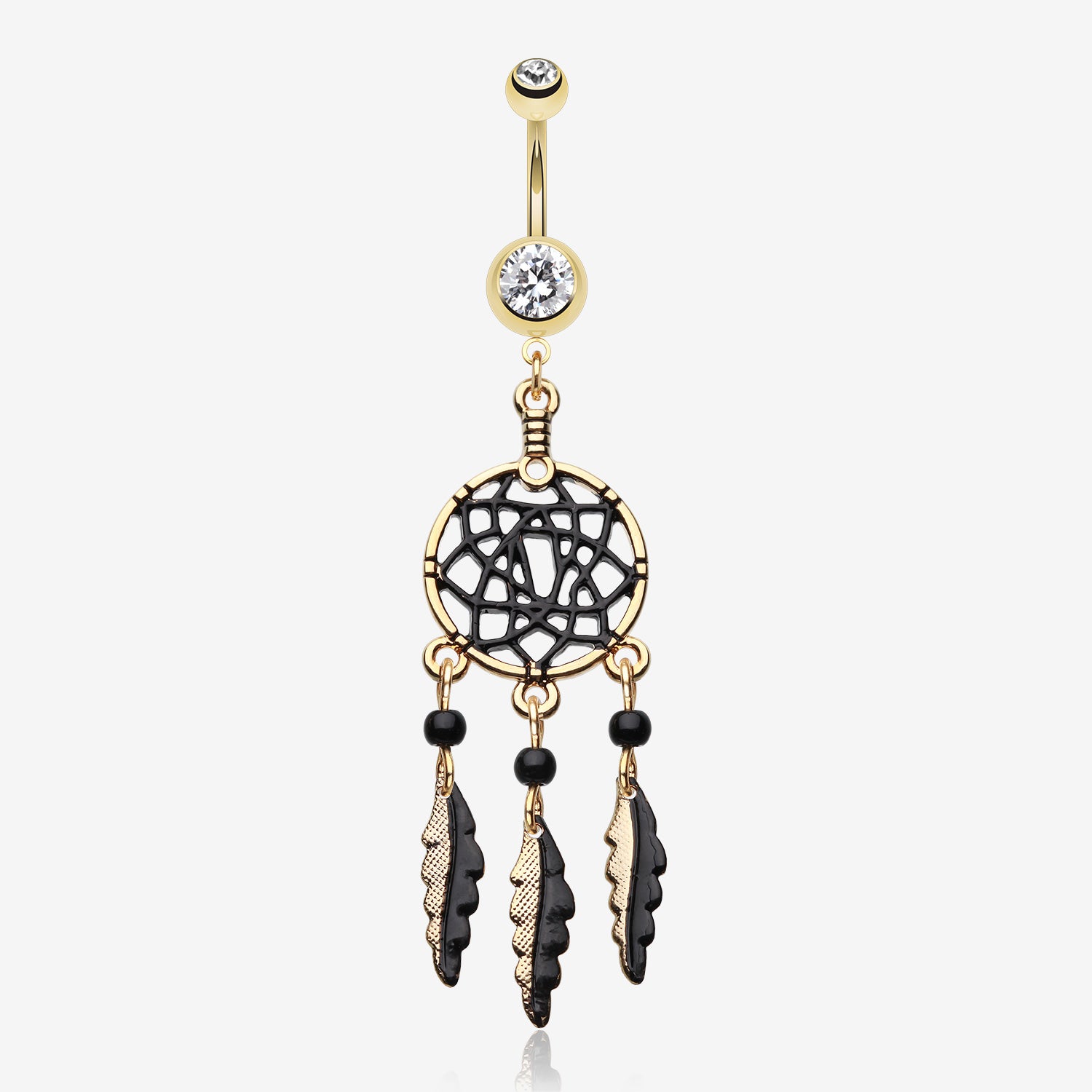 Golden Black Dreamcatcher Belly Button Ring-Clear Gem