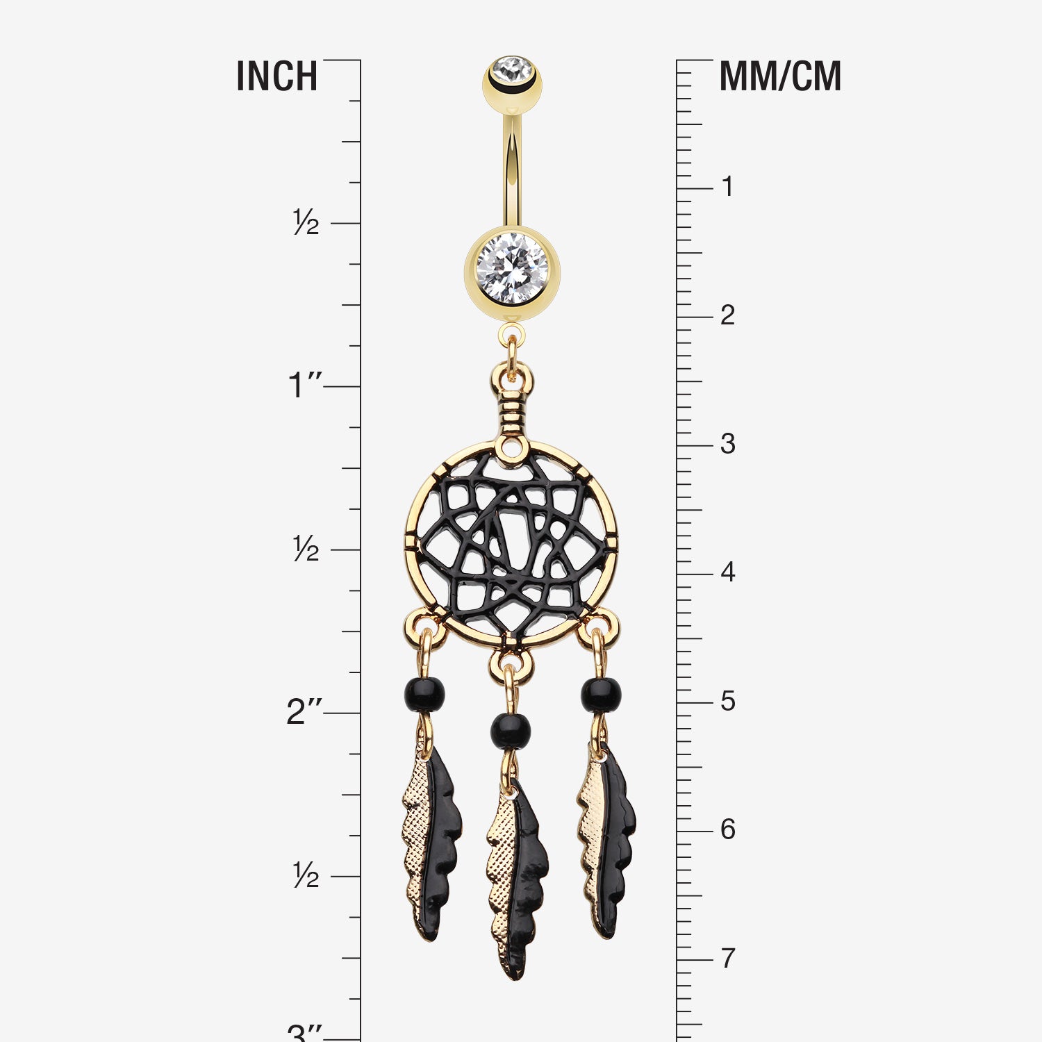 Detail View 1 of Golden Black Dreamcatcher Belly Button Ring-Clear Gem