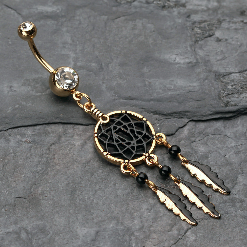 Detail View 2 of Golden Black Dreamcatcher Belly Button Ring-Clear Gem