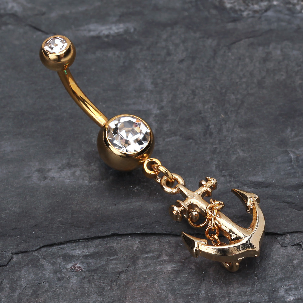 Detail View 2 of Golden Classic Anchor Belly Ring-Clear Gem