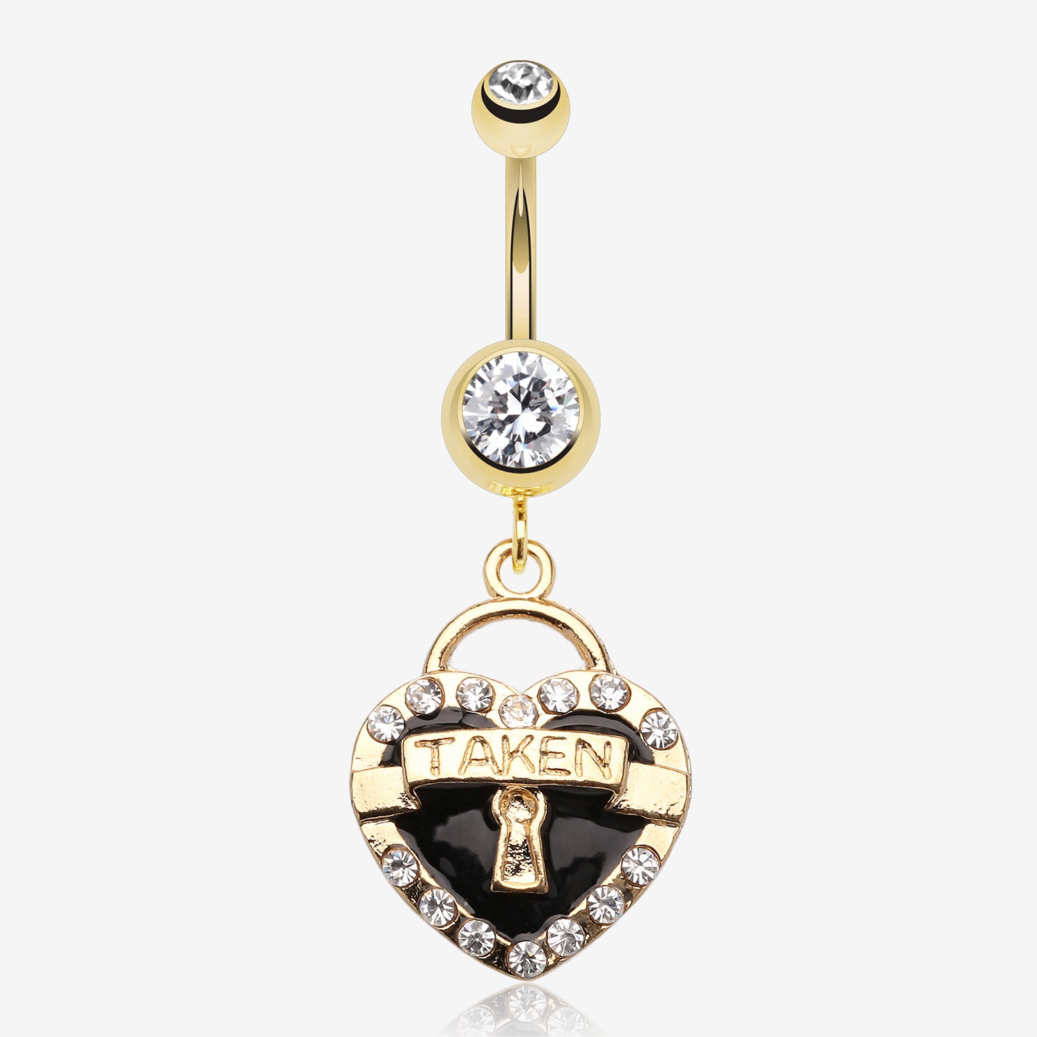 Golden Heart Lock Sparkle Belly Ring-Clear Gem/Black