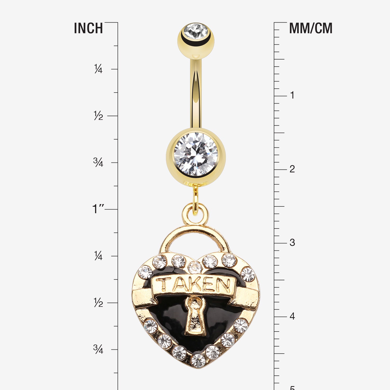 Detail View 1 of Golden Heart Lock Sparkle Belly Ring-Clear Gem/Black