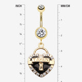 Detail View 1 of Golden Heart Lock Sparkle Belly Ring-Clear Gem/Black