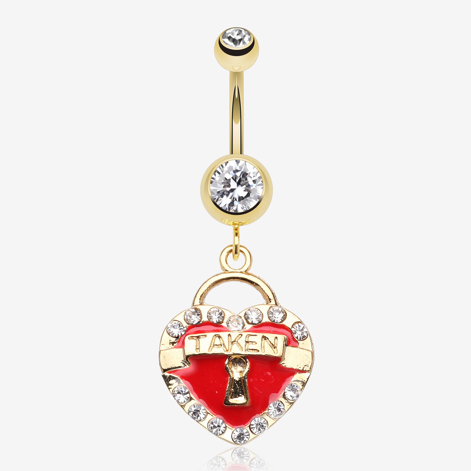 Golden Heart Lock Sparkle Belly Ring-Clear Gem/Red