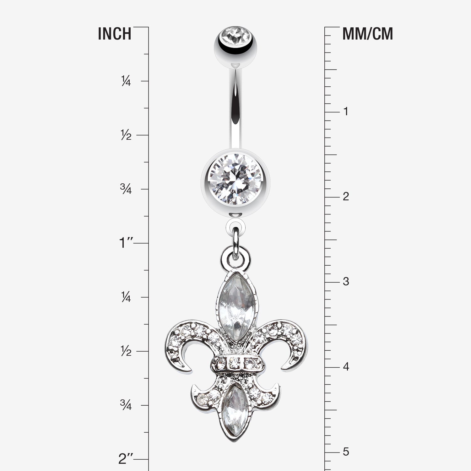 Detail View 1 of Classic Fleur de Lis Belly Ring-Clear Gem