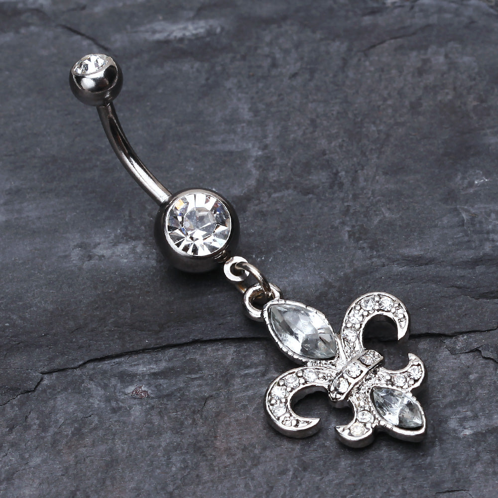 Detail View 2 of Classic Fleur de Lis Belly Ring-Clear Gem