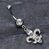 Detail View 2 of Classic Fleur de Lis Belly Ring-Clear Gem