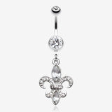Classic Fleur de Lis Belly Ring-Clear Gem