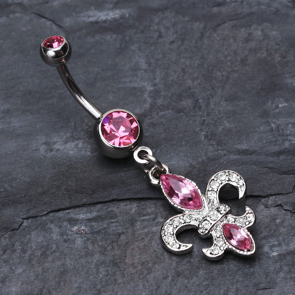 Detail View 2 of Classic Fleur de Lis Belly Ring-Pink