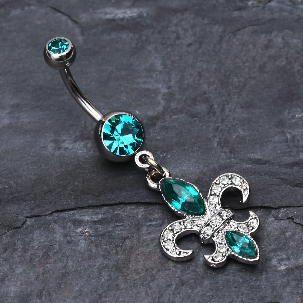 Detail View 2 of Classic Fleur de Lis Belly Ring-Teal