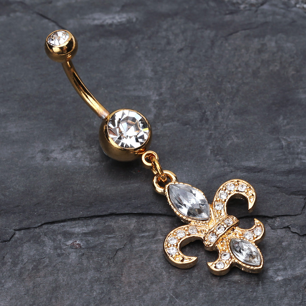 Detail View 2 of Golden Fleur de Lis Belly Ring-Clear Gem