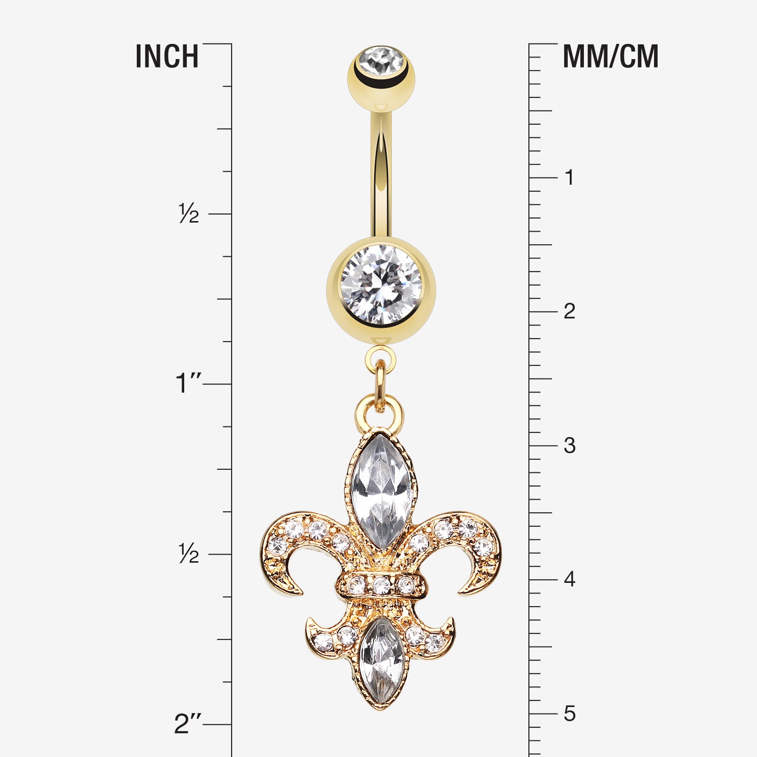 Detail View 1 of Golden Fleur de Lis Belly Ring-Clear Gem
