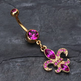 Detail View 2 of Golden Fleur de Lis Belly Ring-Fuchsia