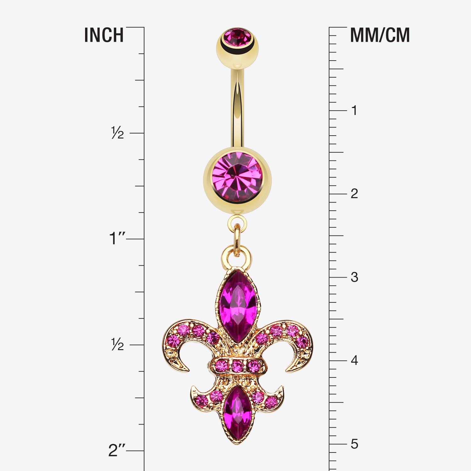 Detail View 1 of Golden Fleur de Lis Belly Ring-Fuchsia