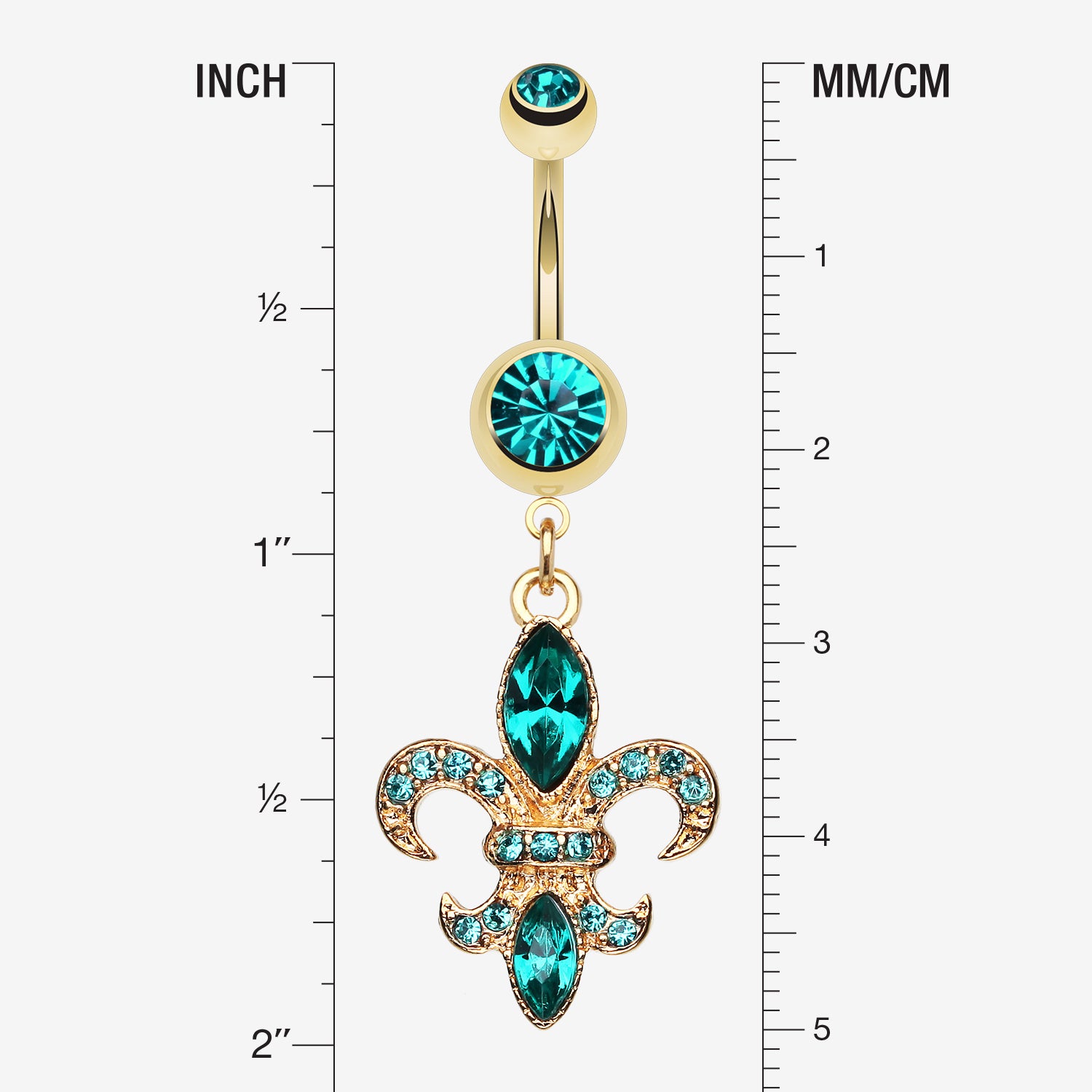 Detail View 1 of Golden Fleur de Lis Belly Ring-Teal