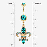 Detail View 1 of Golden Fleur de Lis Belly Ring-Teal