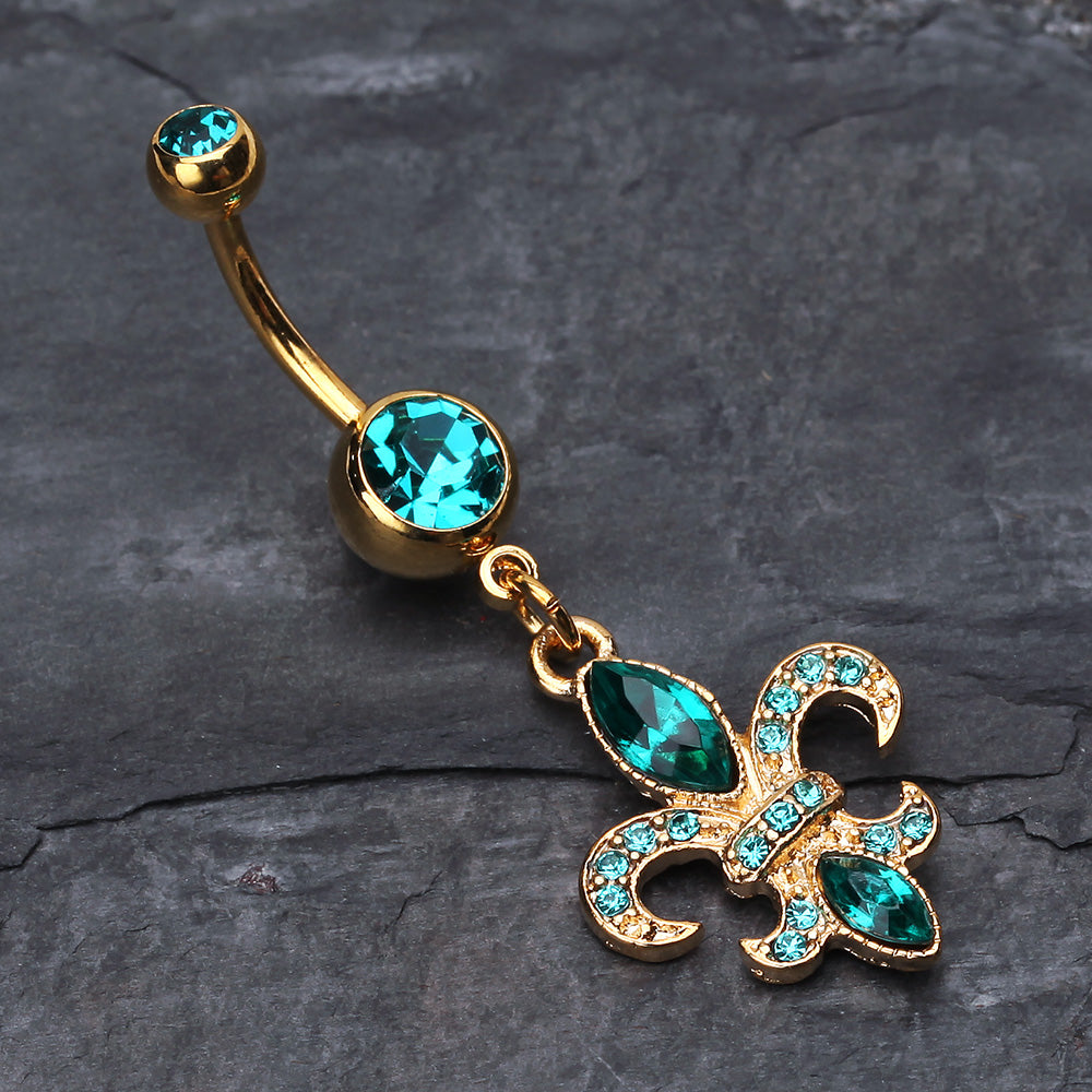 Detail View 2 of Golden Fleur de Lis Belly Ring-Teal