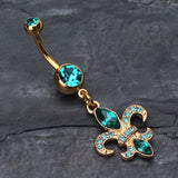 Detail View 2 of Golden Fleur de Lis Belly Ring-Teal