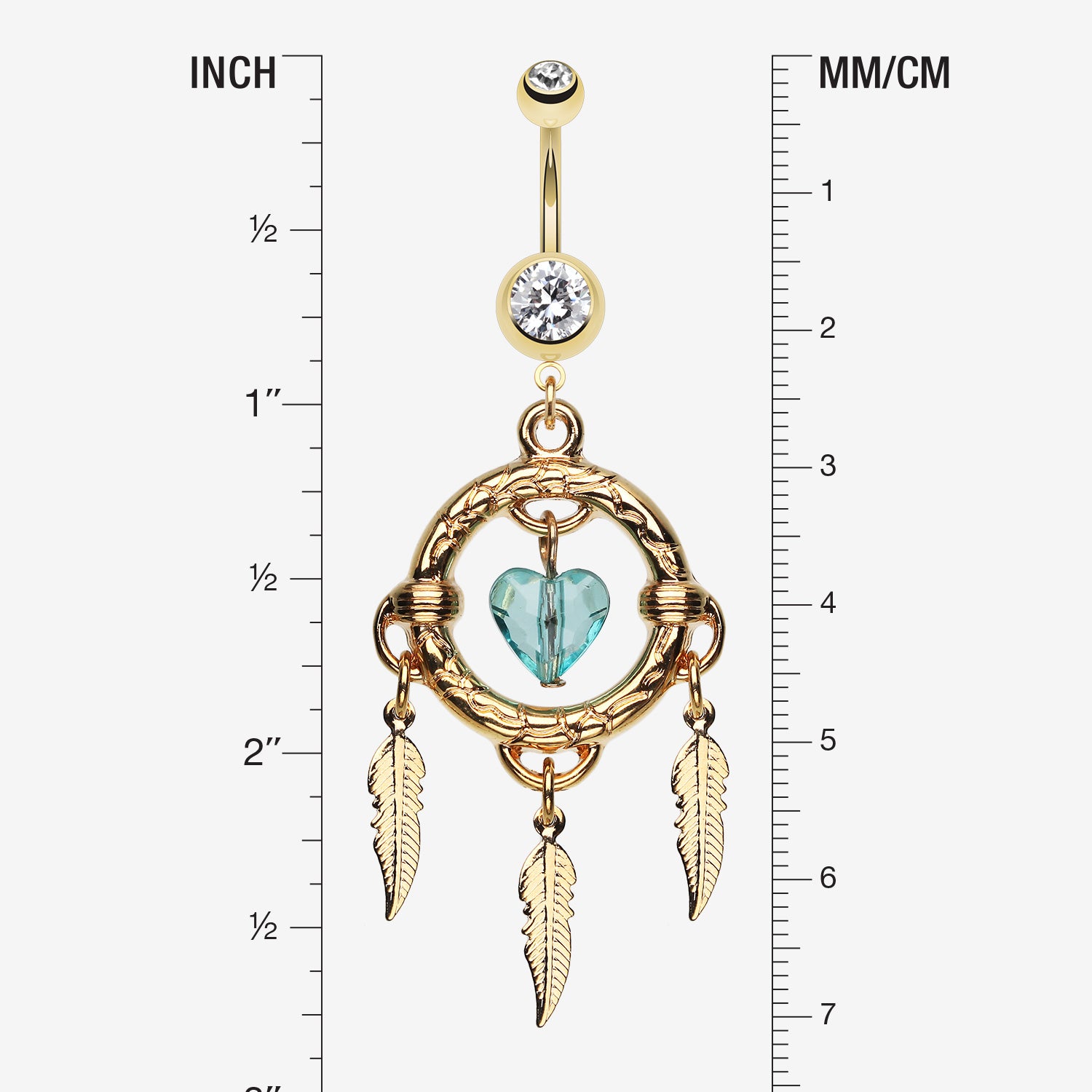 Detail View 1 of Golden Heart Hoop Dream Catcher Belly Ring-Clear Gem