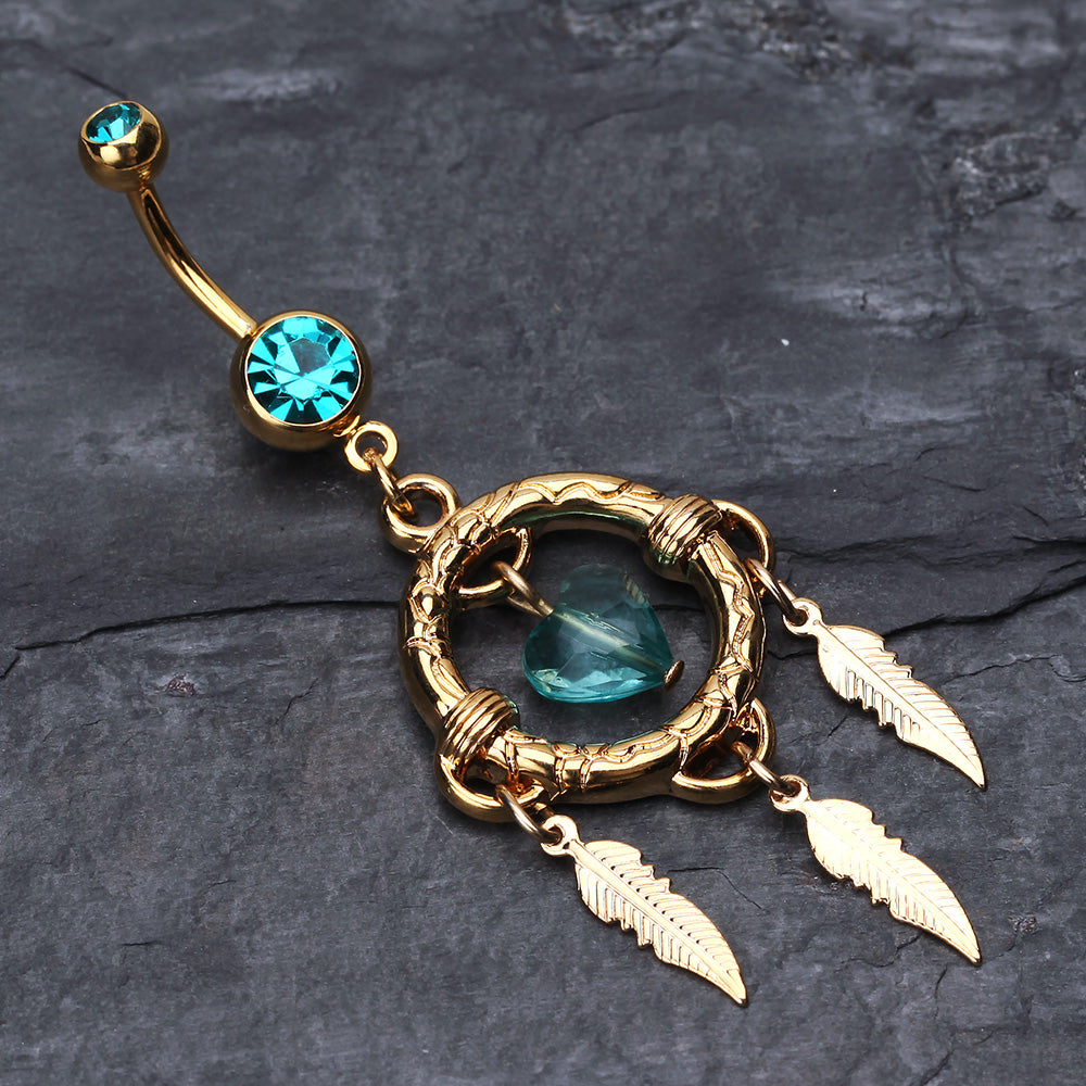 Detail View 2 of Golden Heart Hoop Dream Catcher Belly Ring-Teal