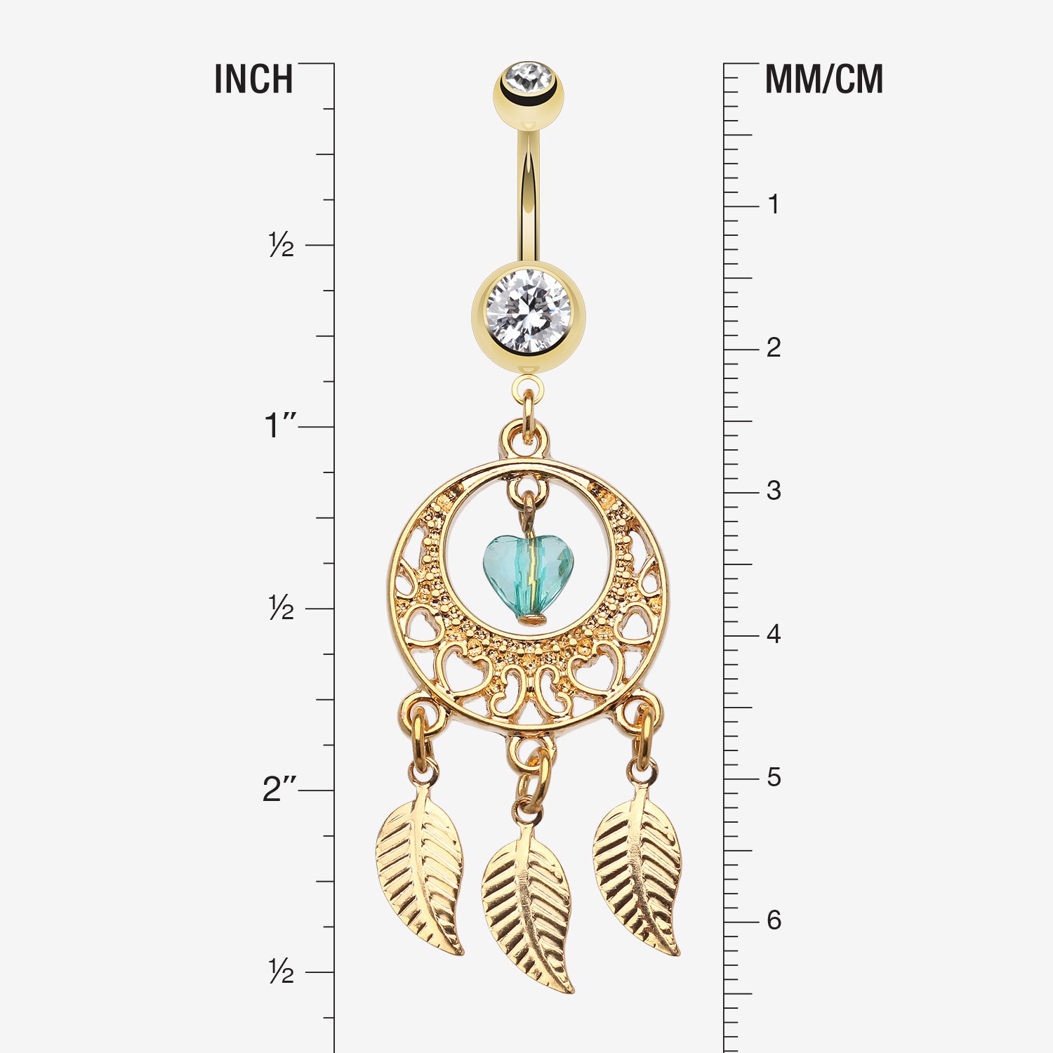 Detail View 1 of Golden Heart Dream Catcher Belly Ring-Clear Gem