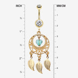 Detail View 1 of Golden Heart Dream Catcher Belly Ring-Clear Gem