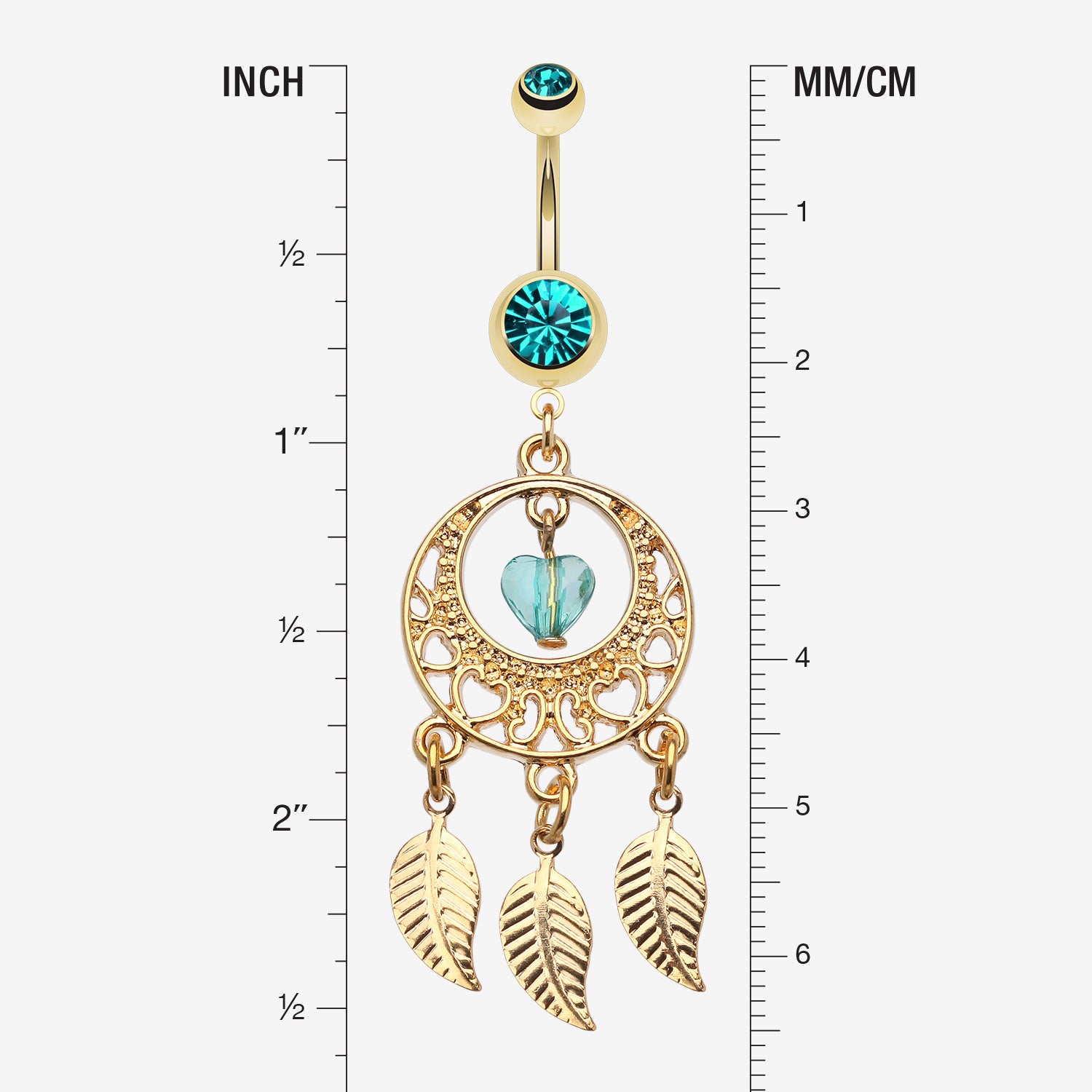 Detail View 1 of Golden Heart Dream Catcher Belly Ring-Teal