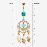 Detail View 1 of Golden Heart Dream Catcher Belly Ring-Teal