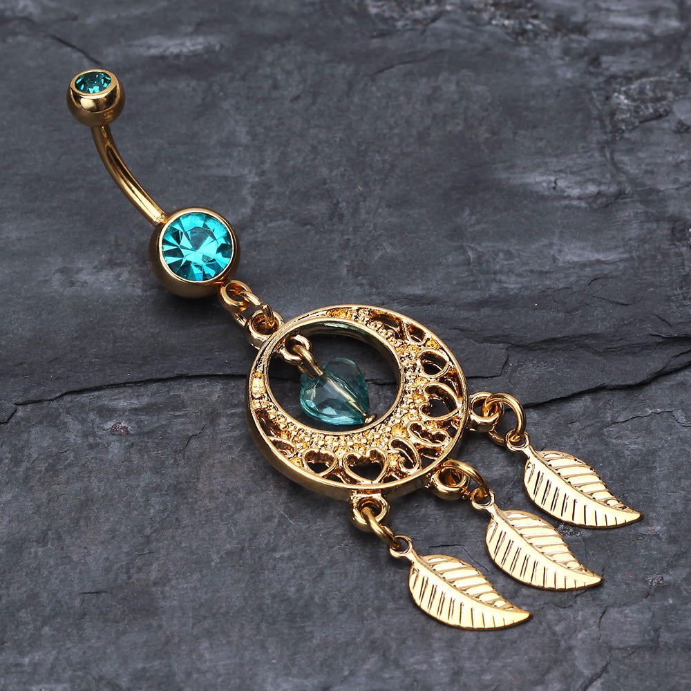Detail View 2 of Golden Heart Dream Catcher Belly Ring-Teal