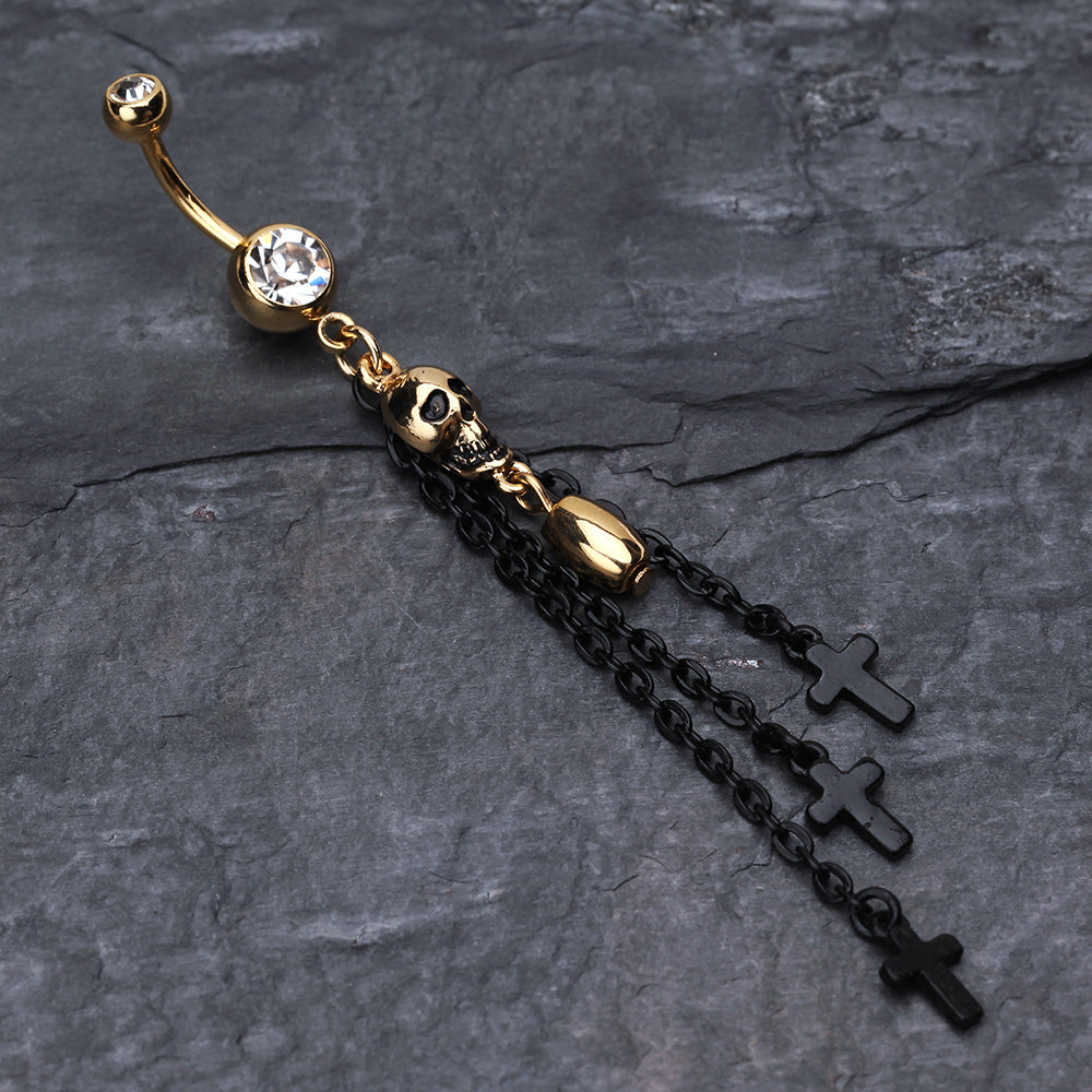 Detail View 2 of Skull Bullet Cross Belly Ring-Clear Gem