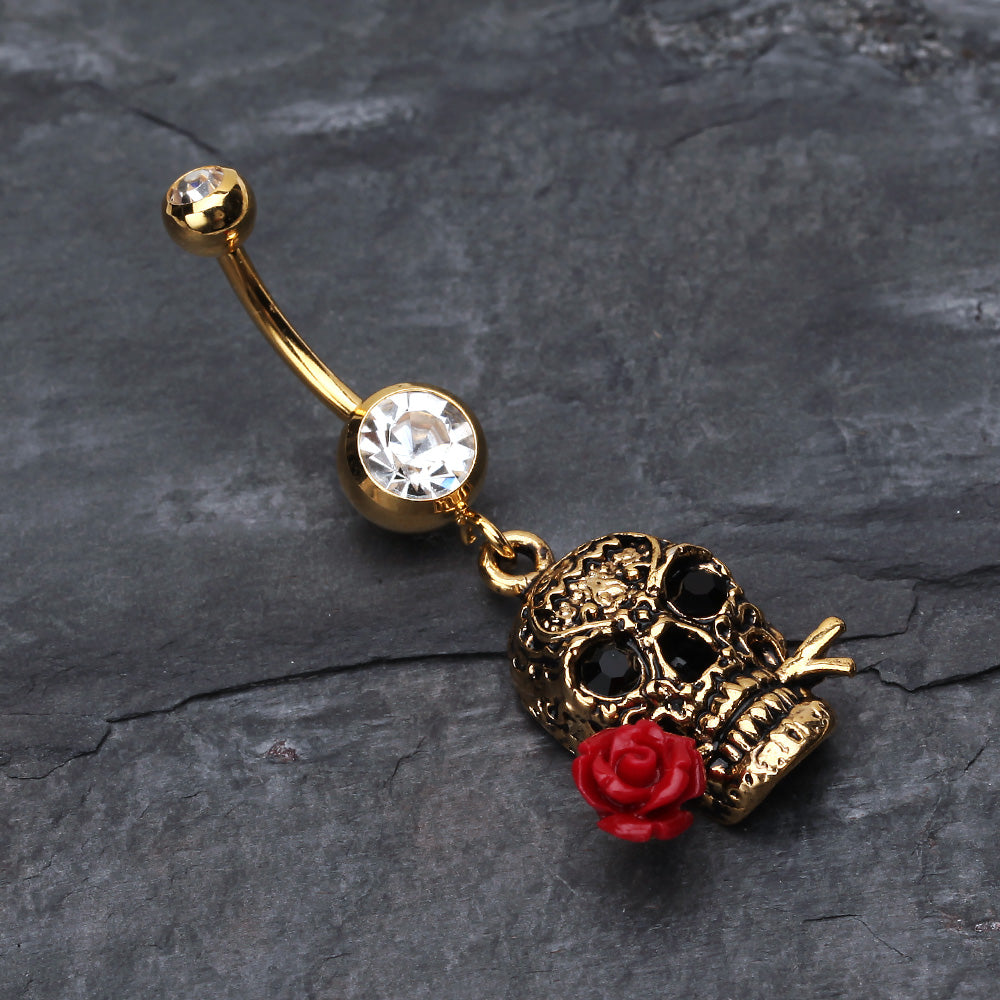 Detail View 2 of Golden Skull Rose Belly Ring-Clear Gem