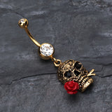 Detail View 2 of Golden Skull Rose Belly Ring-Clear Gem